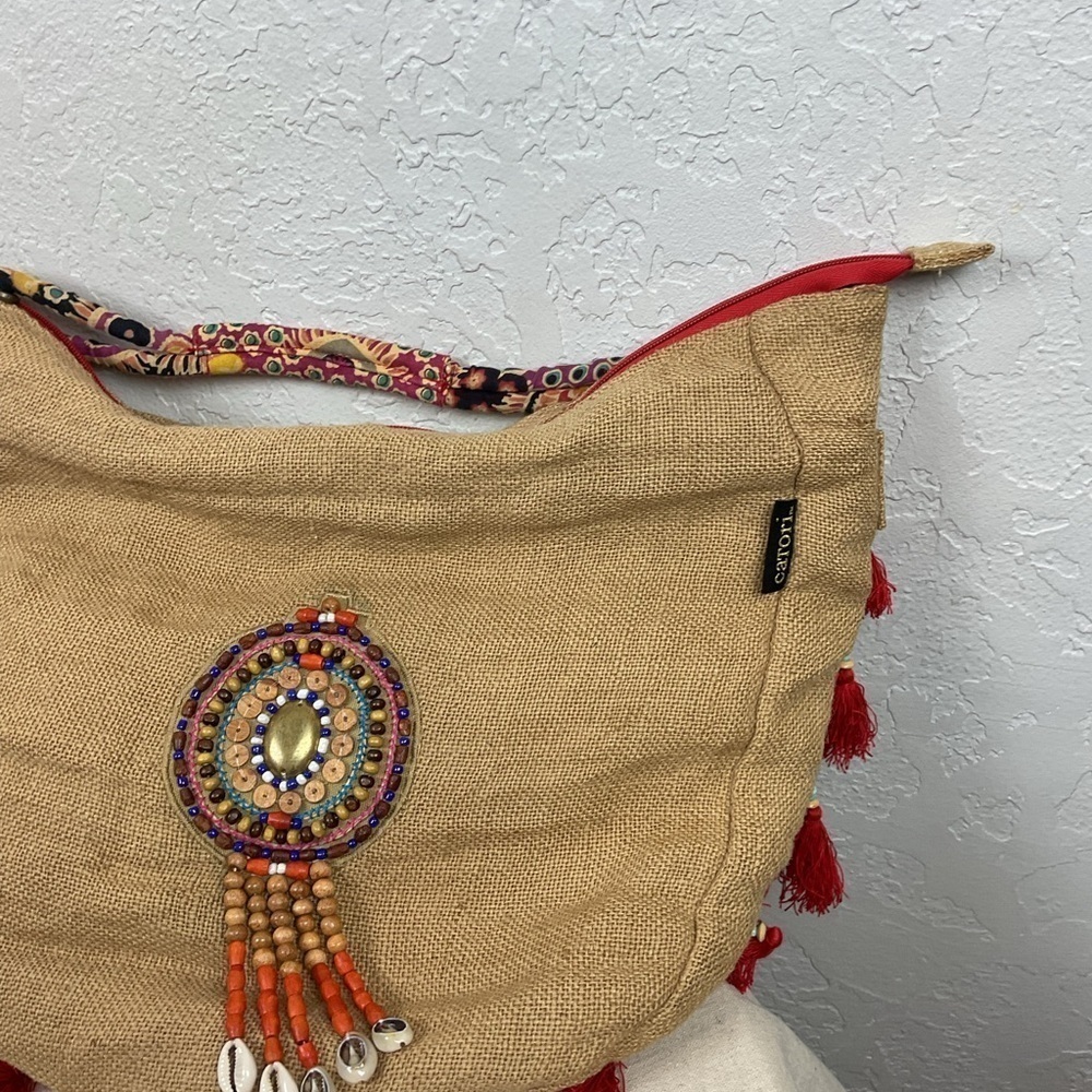Catori Burlap Shoulder Bag Red Tassel Beads Boho Vacation - Picture 12 of 12